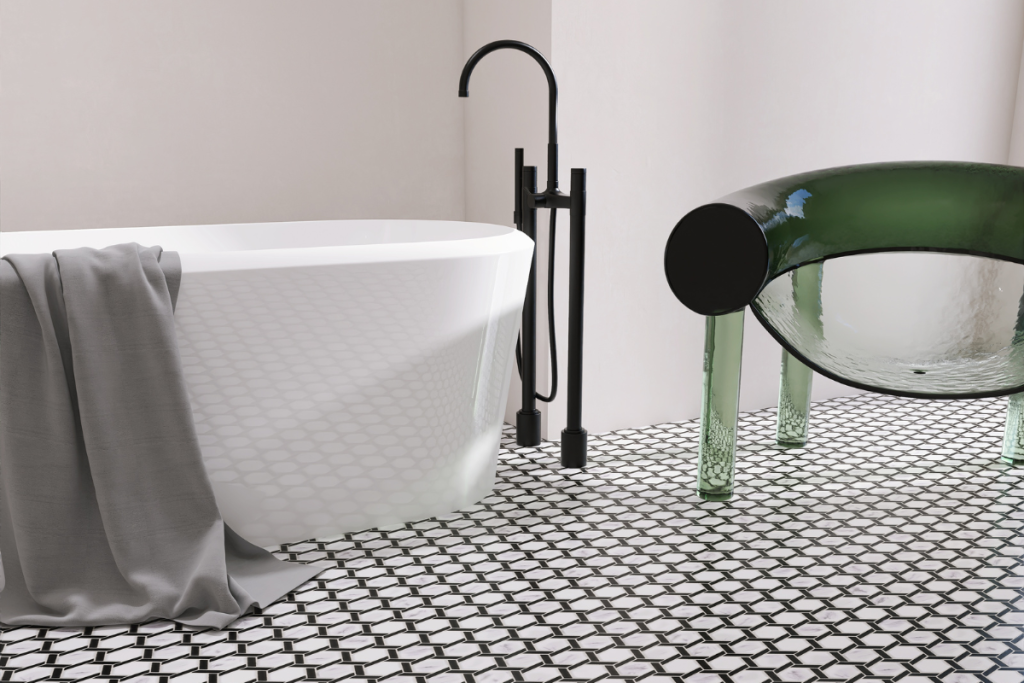 płytki czarno białe wzory na podłodze w łazience heksagon stella black white raw decor